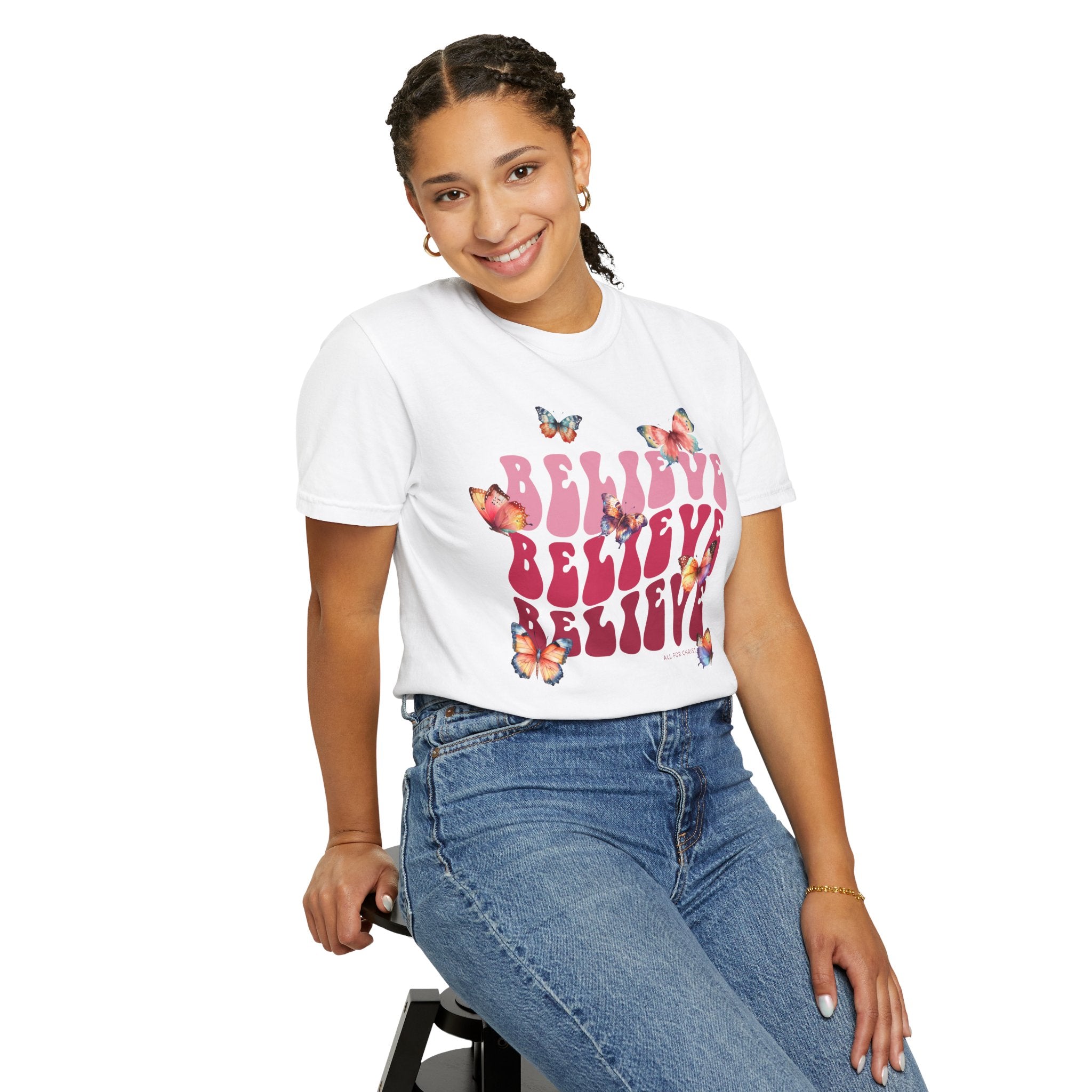 Believe Butterfly T-Shirt — Retro Script Floral Graphic Tee