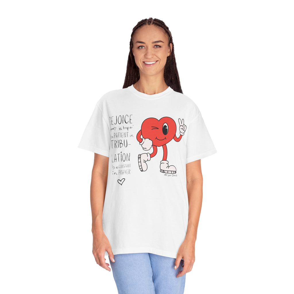 Rejoice Heart Character T-Shirt — 'Rejoice, be patient, tribulation' Christian Graphic Tee