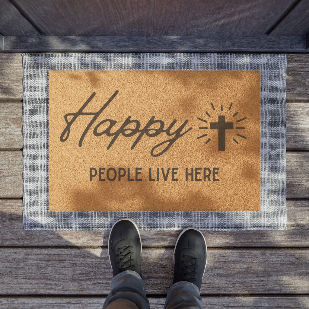 "Happy People Live Here" Doormat – Christian Cross Welcome Mat