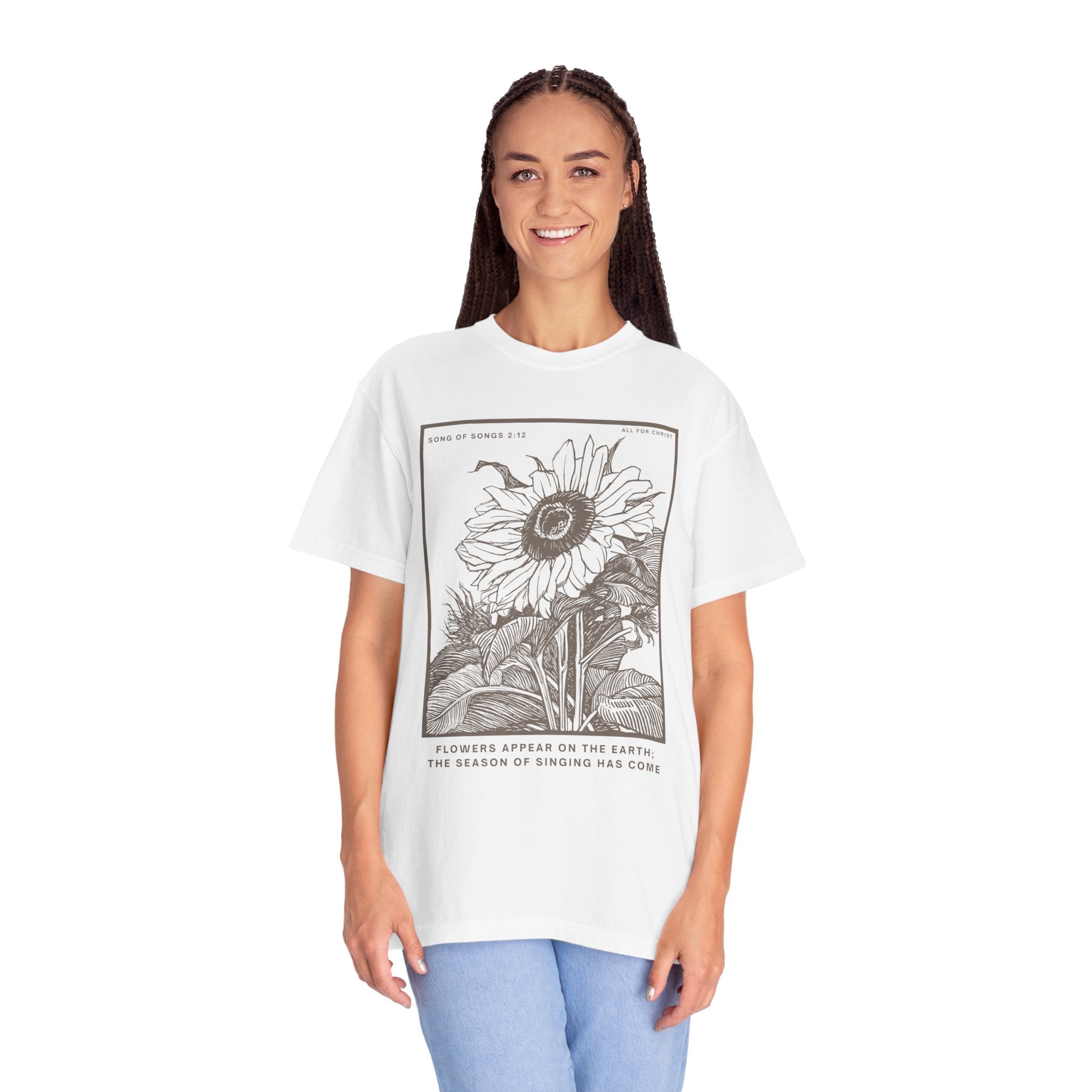 Sunflower Botanical T-Shirt — Floral Sketch Tee with "Flowers Appear on the Earth" Quote