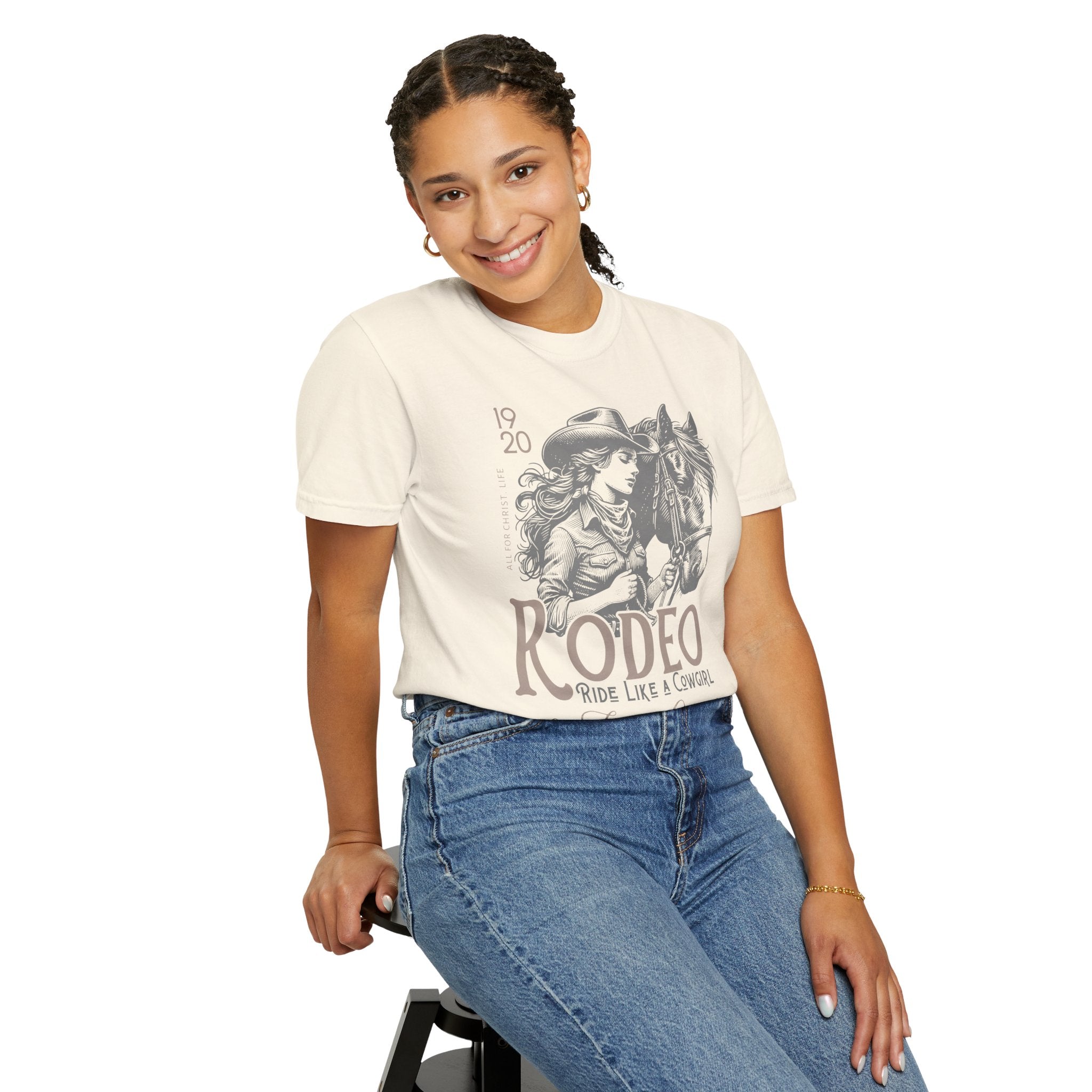 Rodeo Cowgirl T-Shirt — "Ride Like a Cowgirl of Jesus Christ" Western Horse Graphic