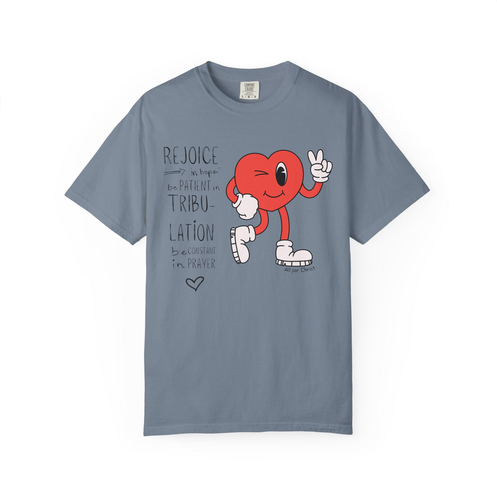 Rejoice Heart Character T-Shirt — 'Rejoice, be patient, tribulation' Christian Graphic Tee