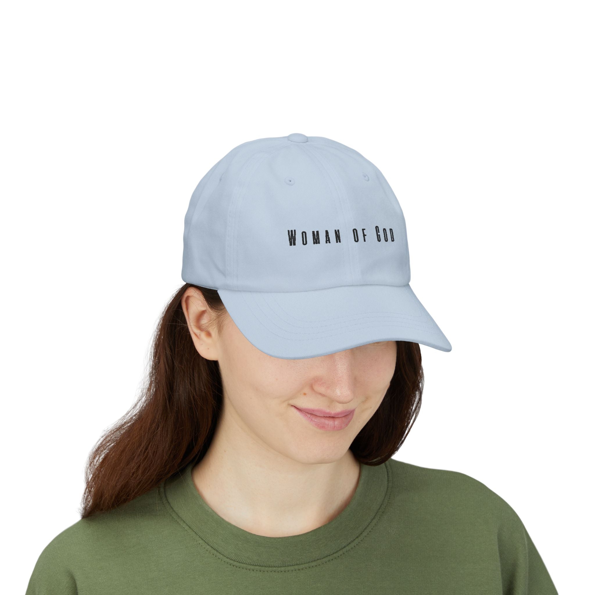 Woman of God Dad Cap — White Embroidered Christian Baseball Hat (’Christ’ Back Accent)