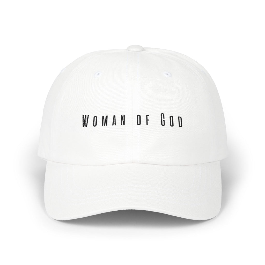 Woman of God Dad Cap — White Embroidered Christian Baseball Hat (’Christ’ Back Accent)