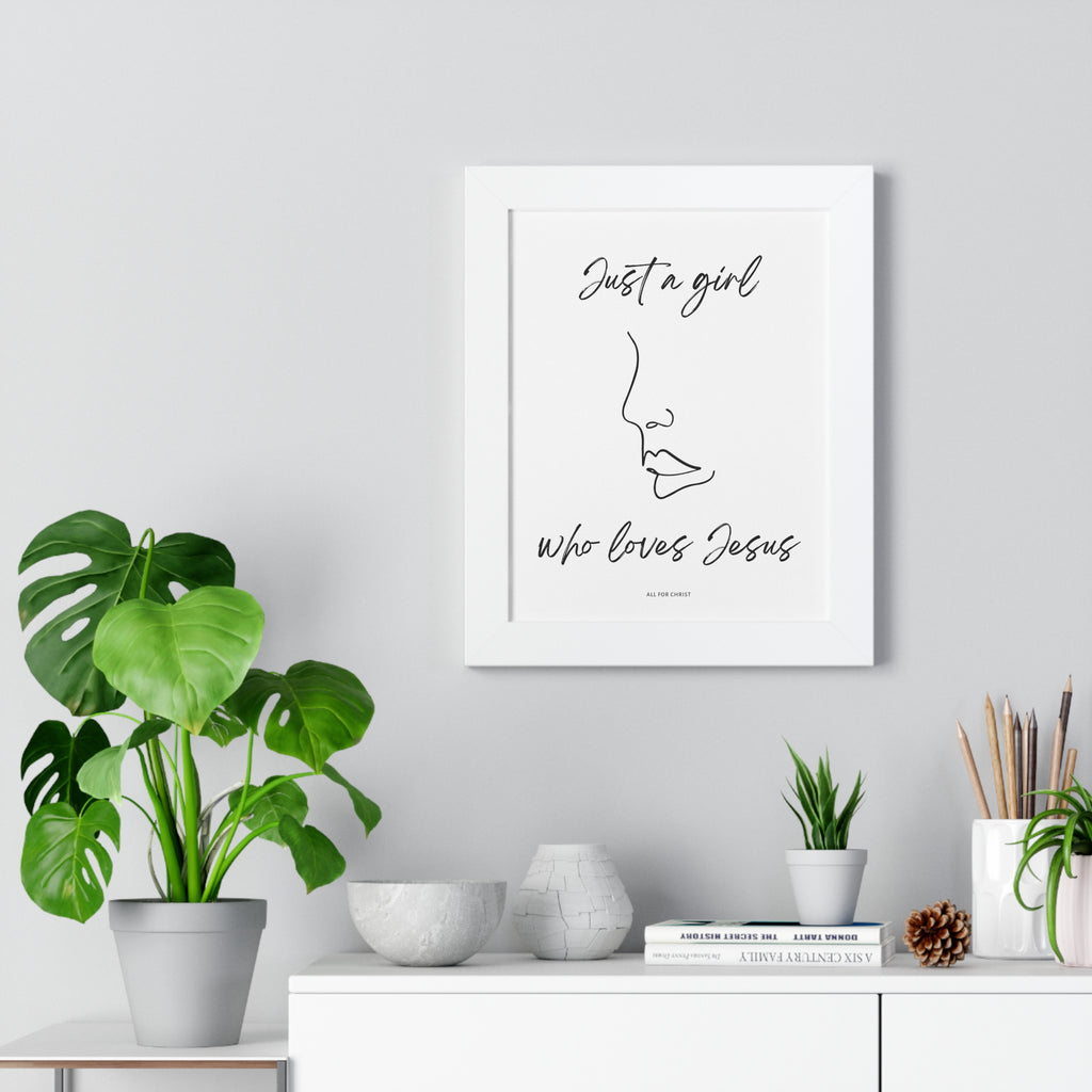 "Just a Girl Who Loves Jesus" Framed Vertical Poster - Minimal Line Art Christian Wall Decor