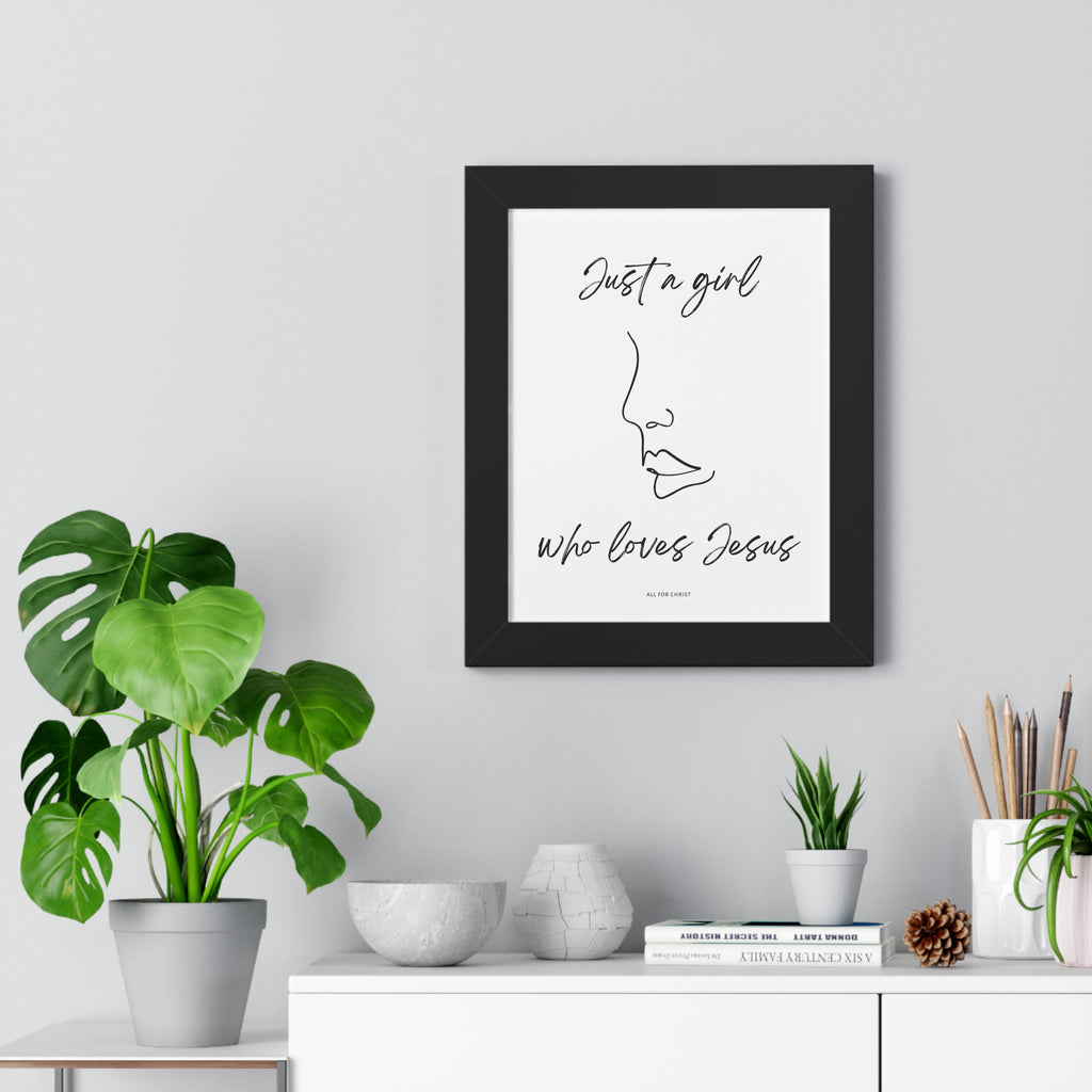"Just a Girl Who Loves Jesus" Framed Vertical Poster - Minimal Line Art Christian Wall Decor