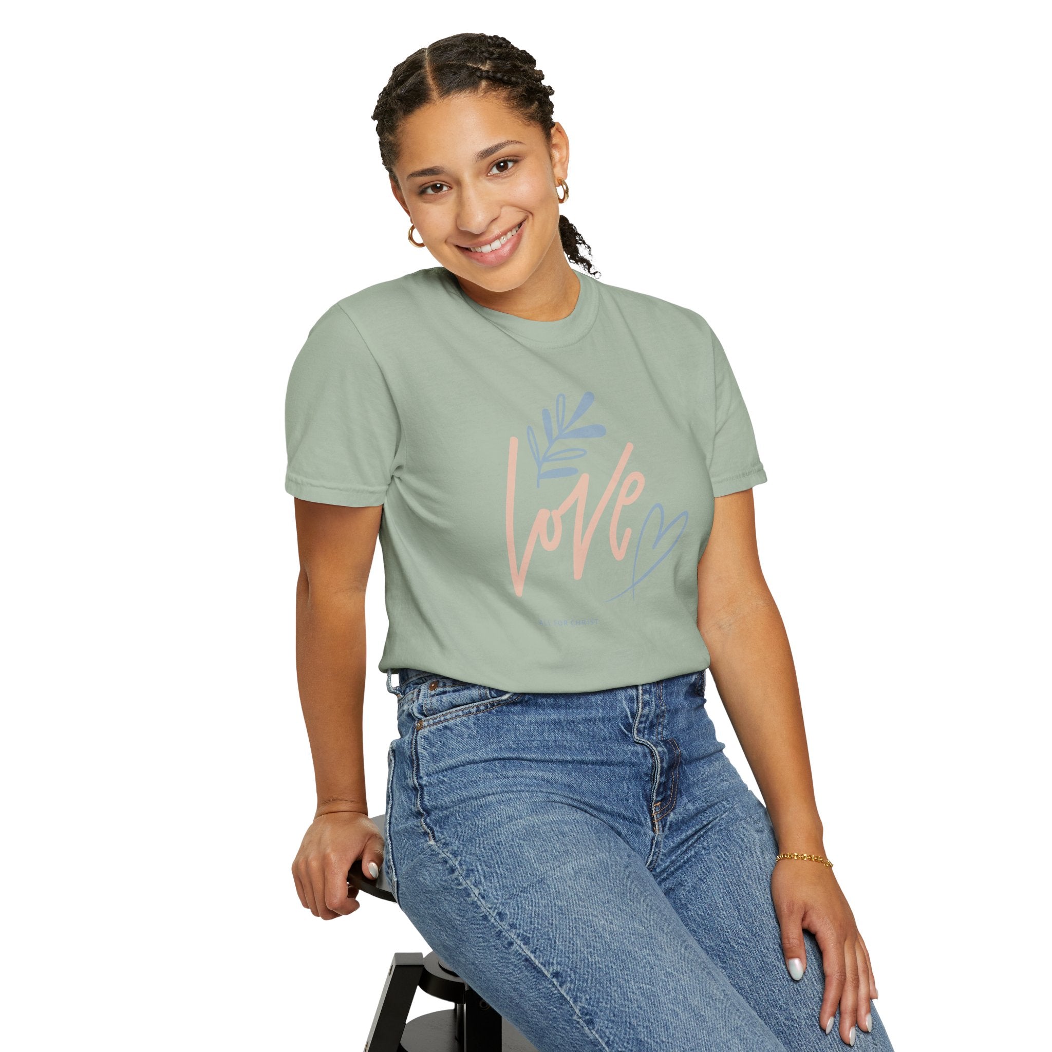 Love Handwritten T-Shirt — Pastel Heart & Leaf Graphic