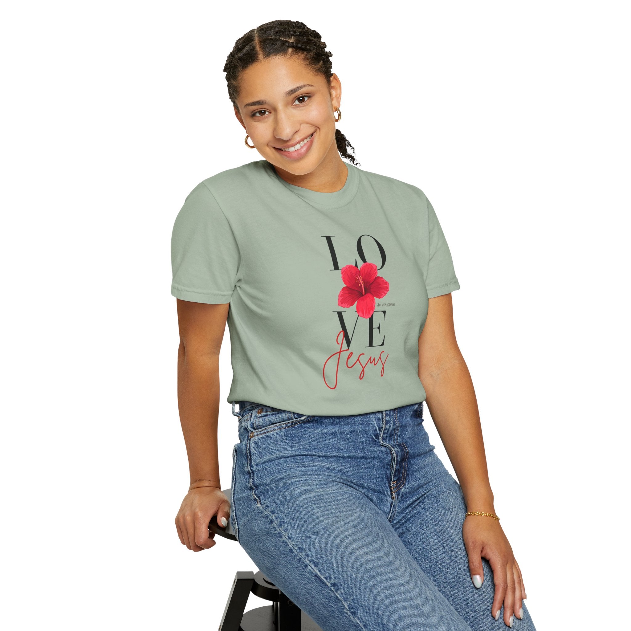 Love Jesus Floral T-Shirt — Faith-Based Christian Tee with Red Hibiscus