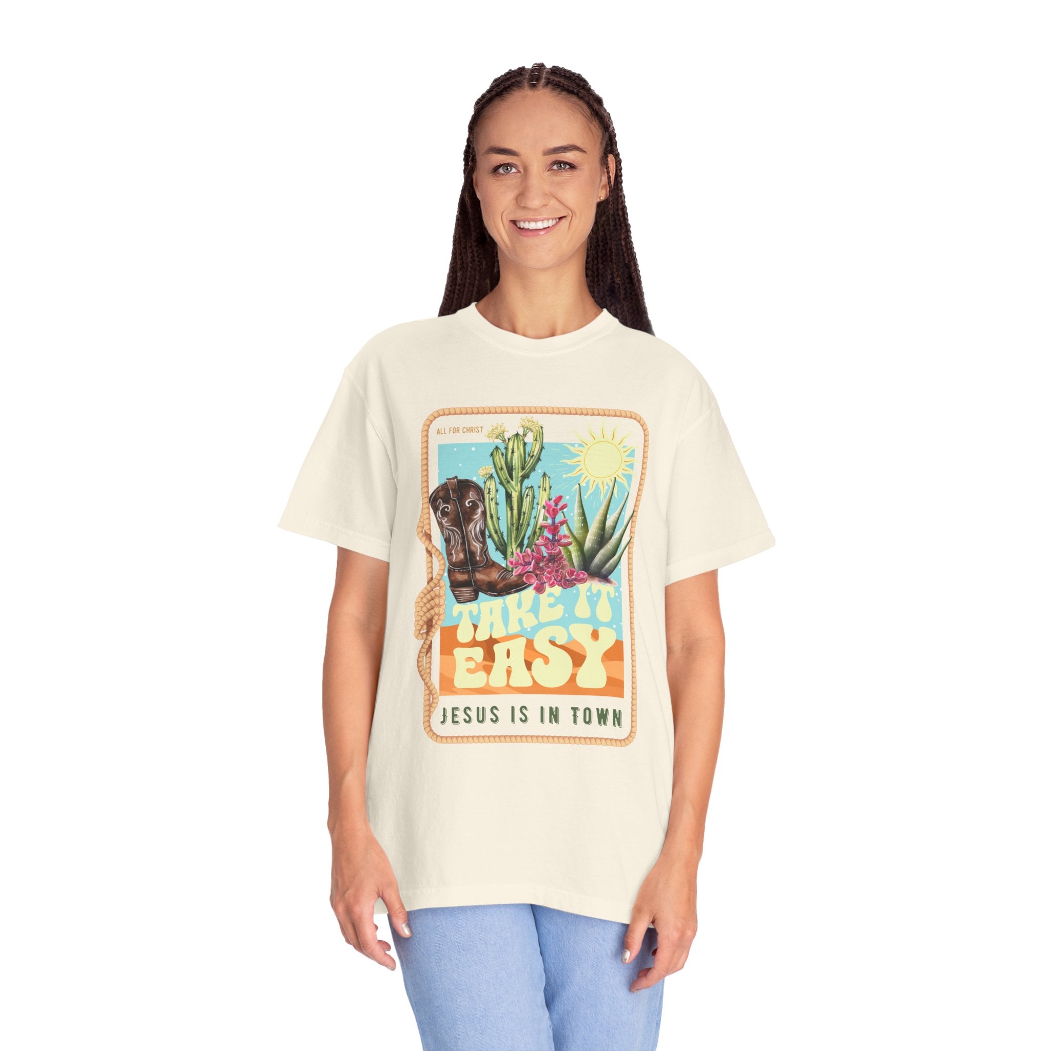 Take It Easy T-Shirt — Retro Desert Christian Graphic Tee (“Jesus Is In Town”)
