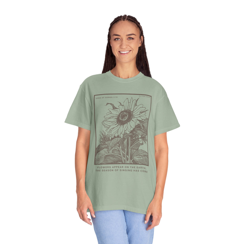 Sunflower Botanical T-Shirt — Floral Sketch Tee with "Flowers Appear on the Earth" Quote