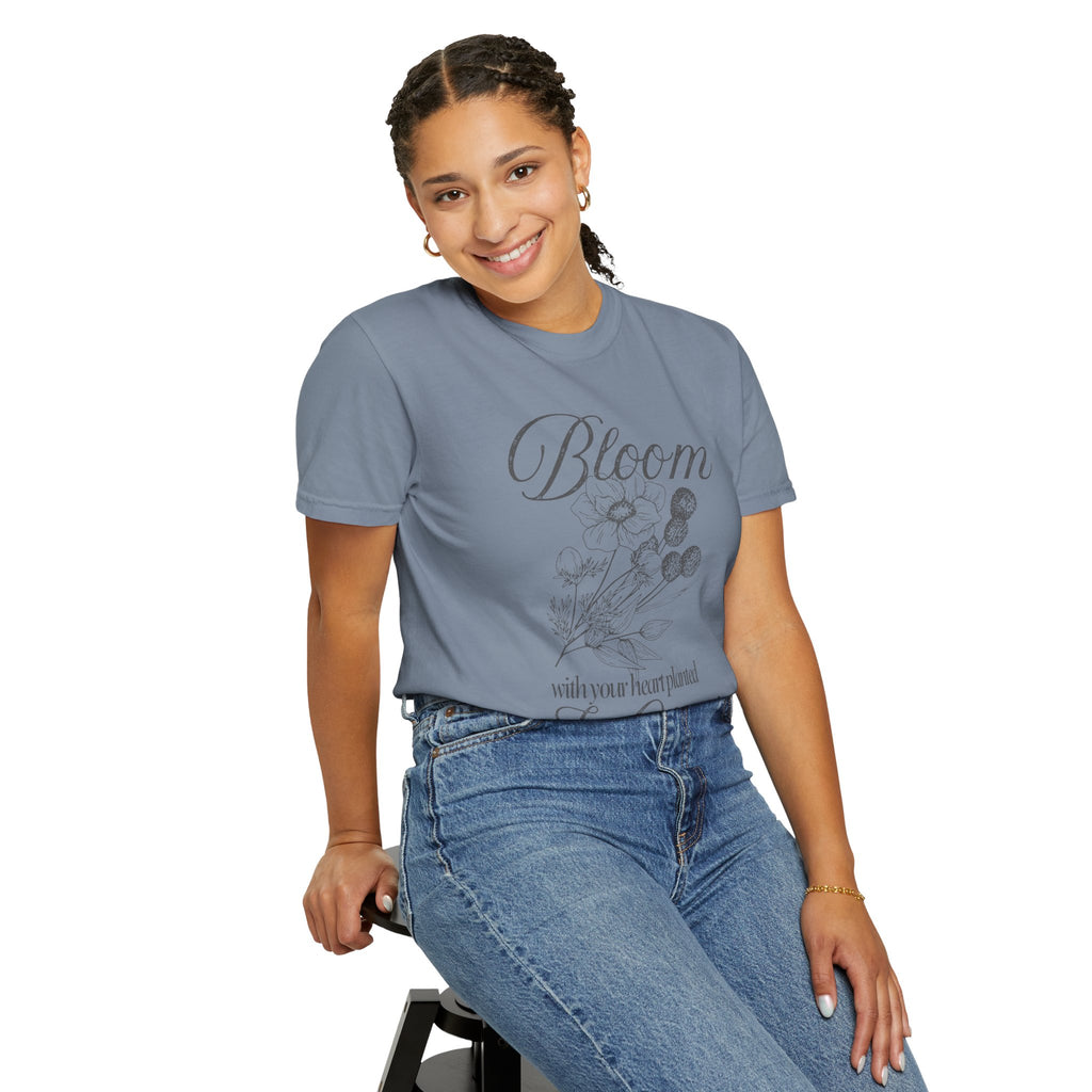 Bloom in Christ T-Shirt — Floral Faith Tee with "Bloom with your heart planted in Christ"