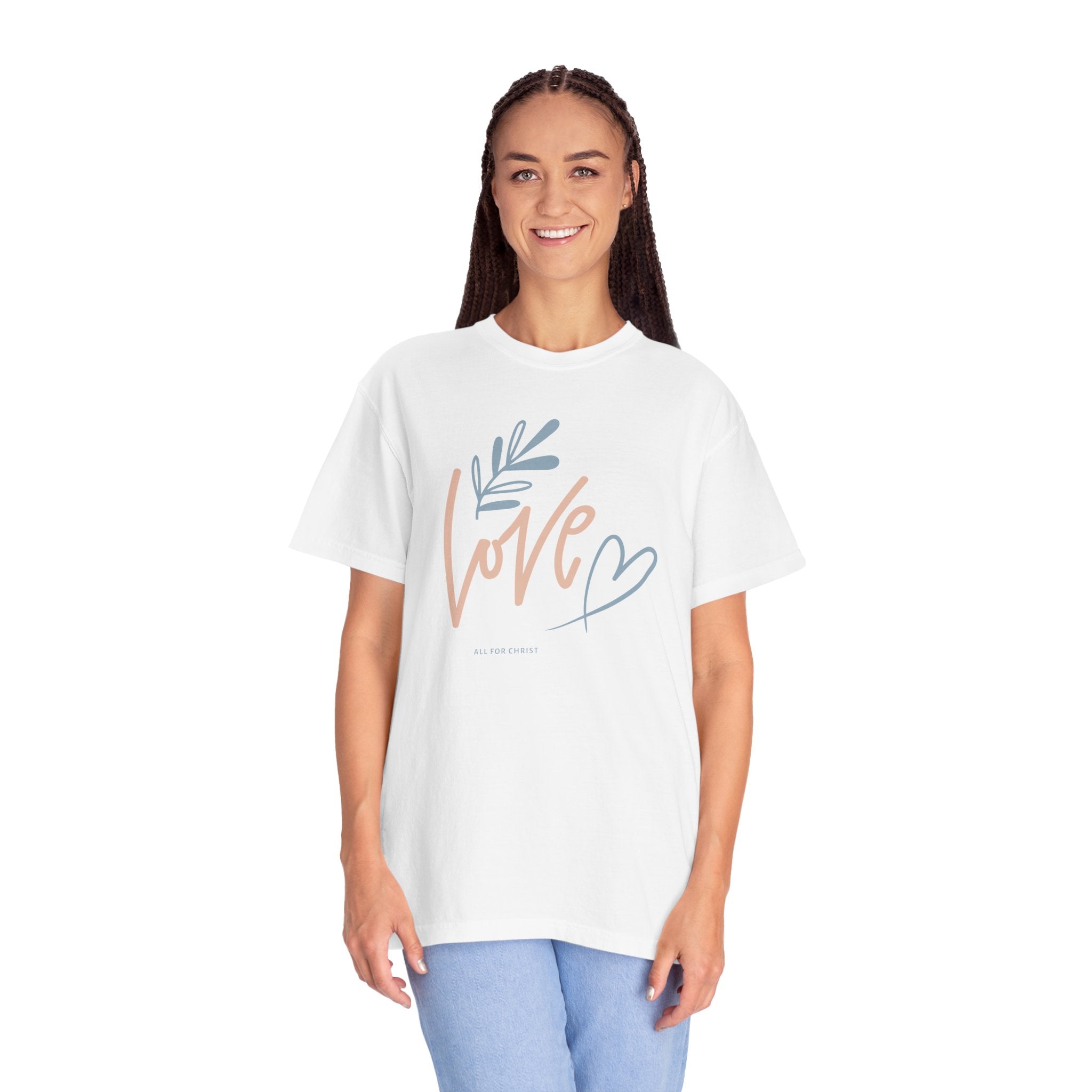 Love Handwritten T-Shirt — Pastel Heart & Leaf Graphic