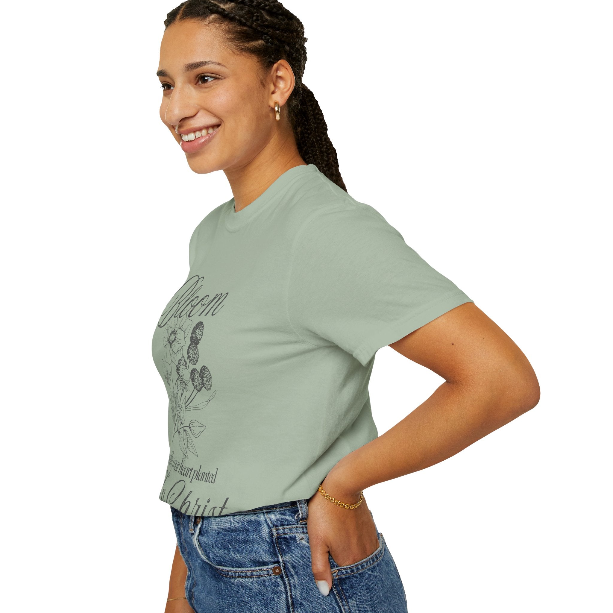 Bloom in Christ T-Shirt — Floral Faith Tee with "Bloom with your heart planted in Christ"