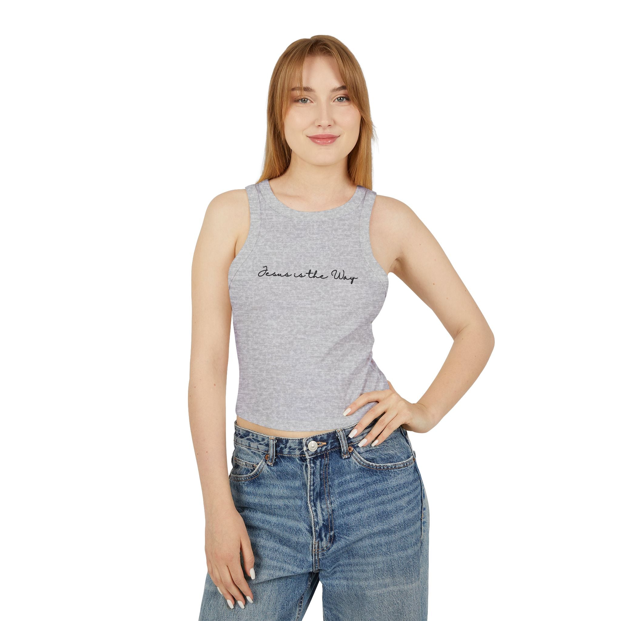 Racer Tank — "Jesus is the Way" Minimal Script Crop Top