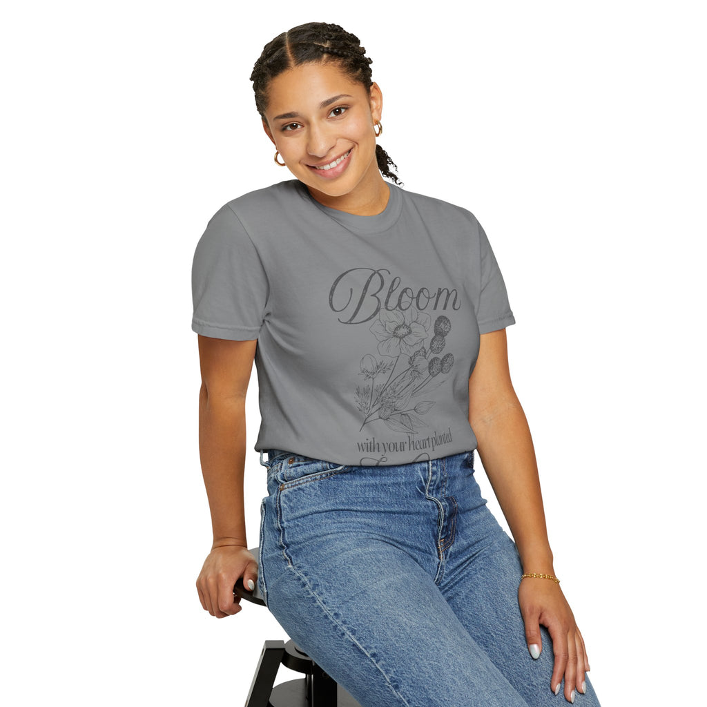 Bloom in Christ T-Shirt — Floral Faith Tee with "Bloom with your heart planted in Christ"