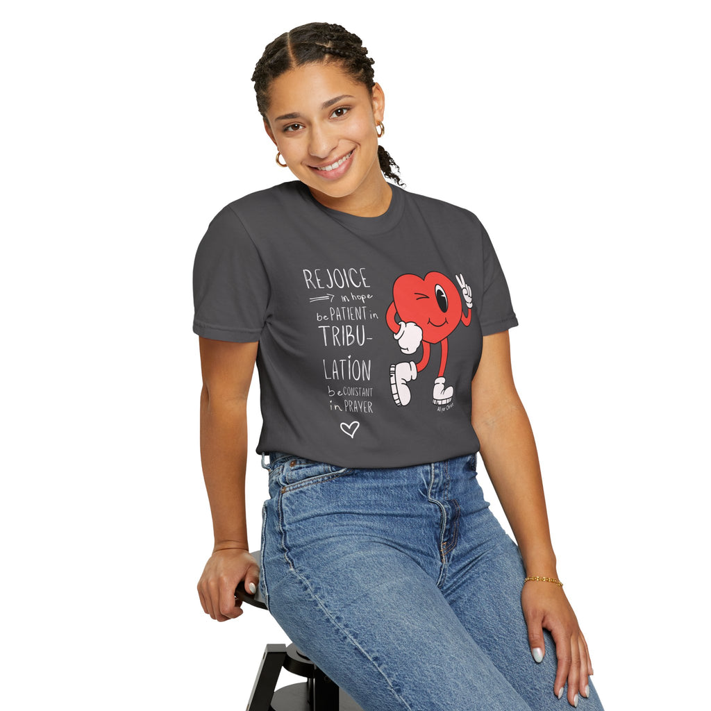 Rejoice Heart Character T-Shirt — 'Rejoice, be patient, tribulation' Christian Graphic Tee