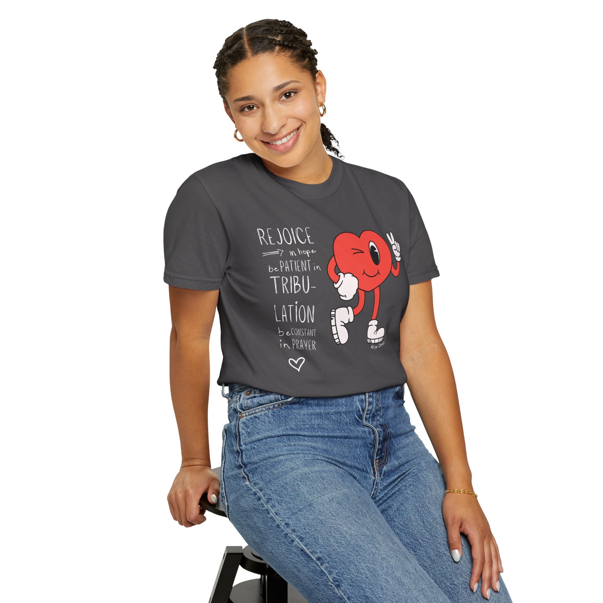 Rejoice Heart Character T-Shirt — 'Rejoice, be patient, tribulation' Christian Graphic Tee