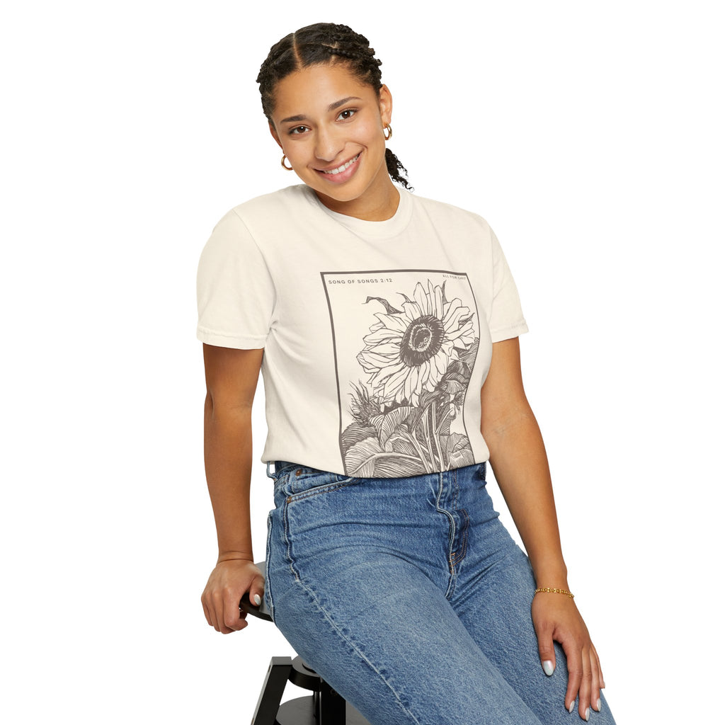 Sunflower Botanical T-Shirt — Floral Sketch Tee with "Flowers Appear on the Earth" Quote