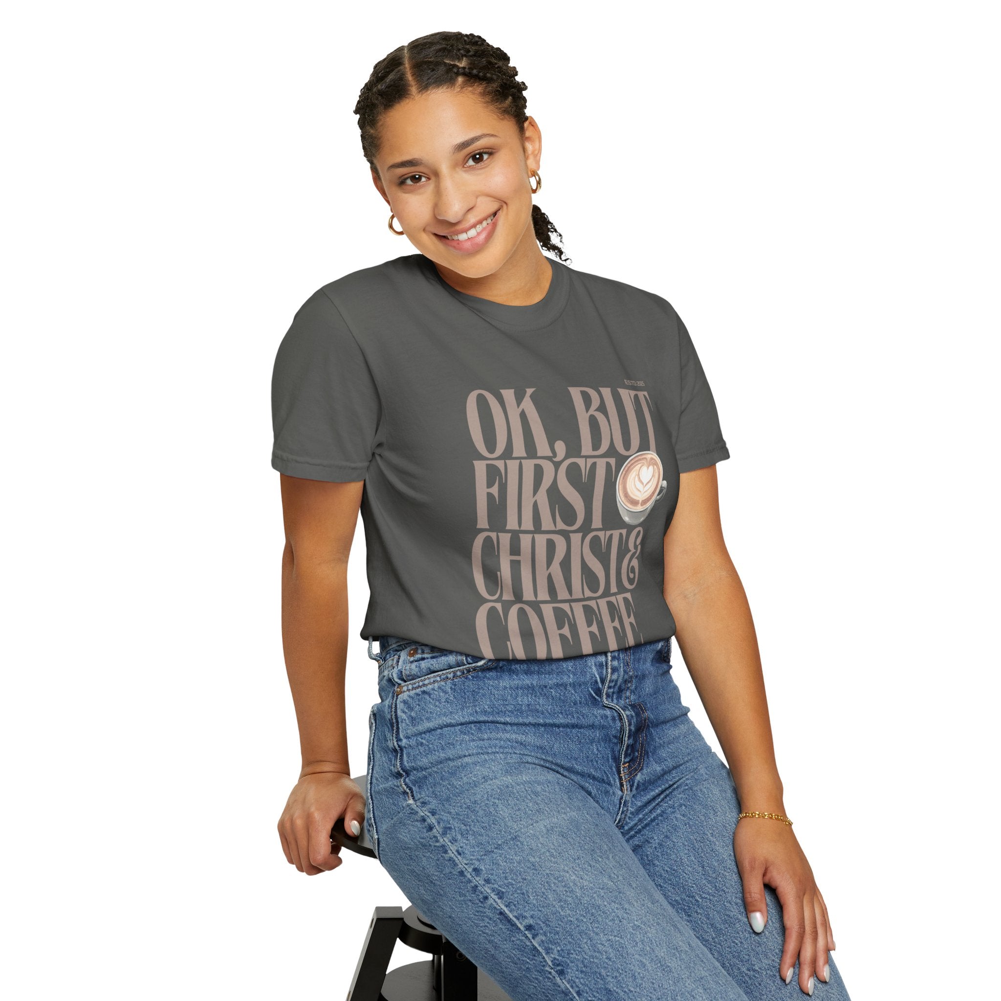 Christian Coffee T-Shirt — "Ok, But First Christ & Coffee" Faith Graphic Tee
