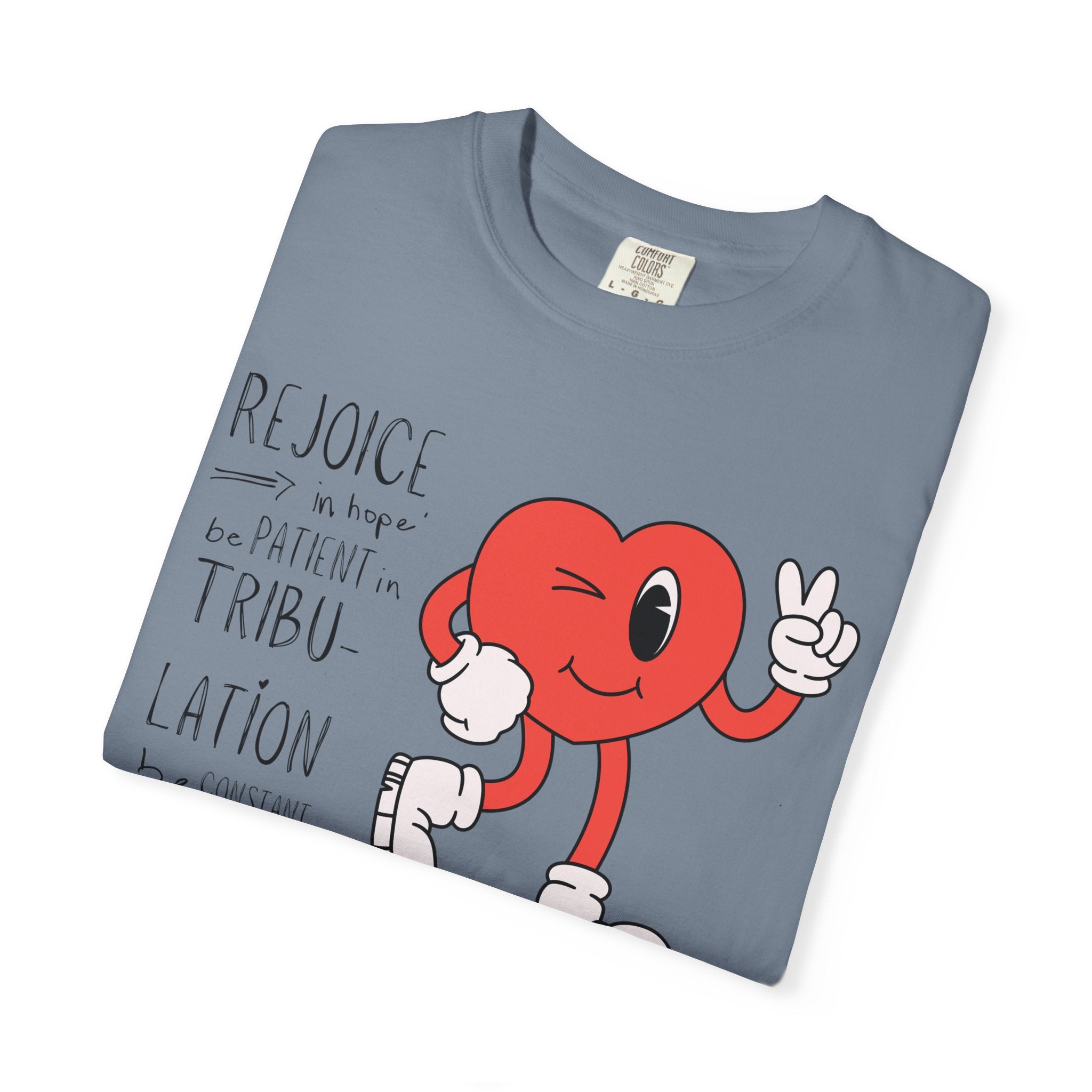Rejoice Heart Character T-Shirt — 'Rejoice, be patient, tribulation' Christian Graphic Tee