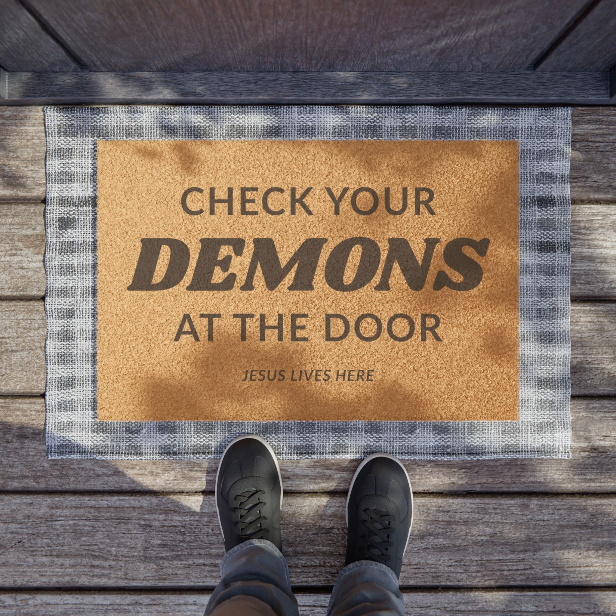 "Check Your Demons at the Door" Doormat — Funny Faith-Inspired Welcome Mat