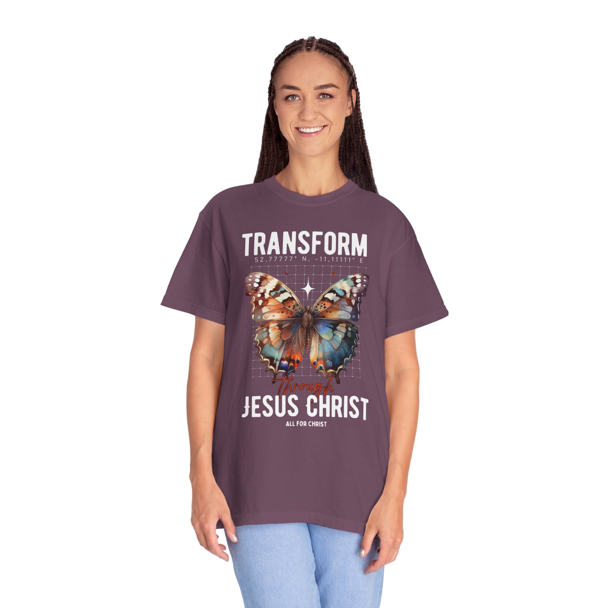 Christian T-Shirt — "Transform Through Jesus Christ" Butterfly Faith Tee