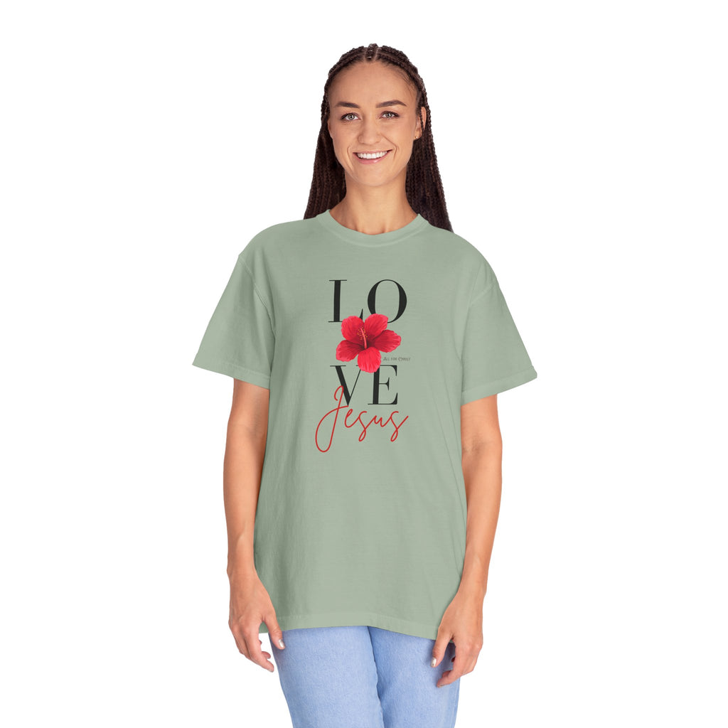 Love Jesus Floral T-Shirt — Faith-Based Christian Tee with Red Hibiscus