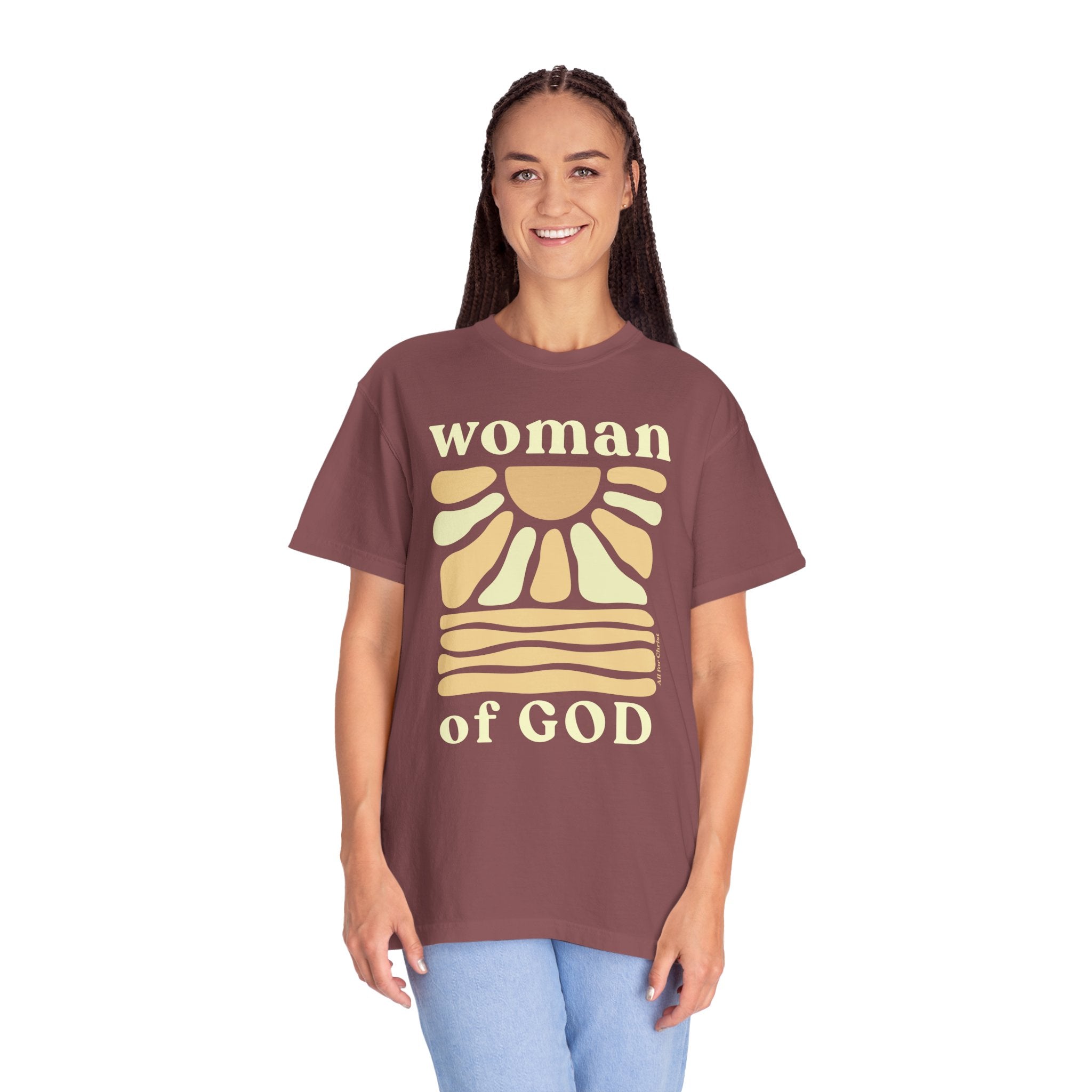 Woman of God T‑Shirt — Vintage Sun Faith Tee for Christian Women