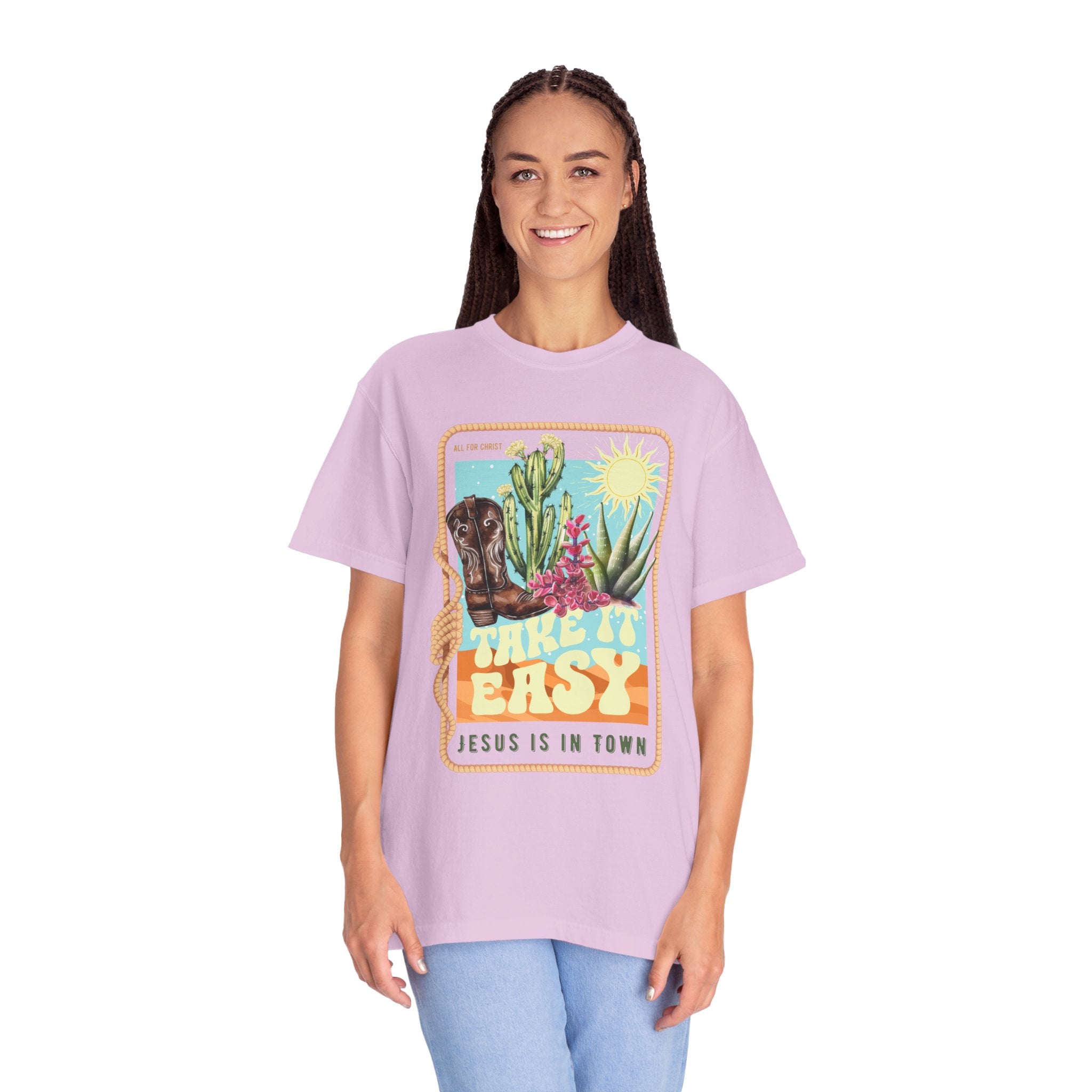 Take It Easy T-Shirt — Retro Desert Christian Graphic Tee (“Jesus Is In Town”)