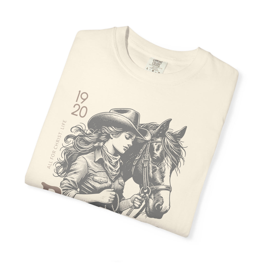 Rodeo Cowgirl T-Shirt — "Ride Like a Cowgirl of Jesus Christ" Western Horse Graphic