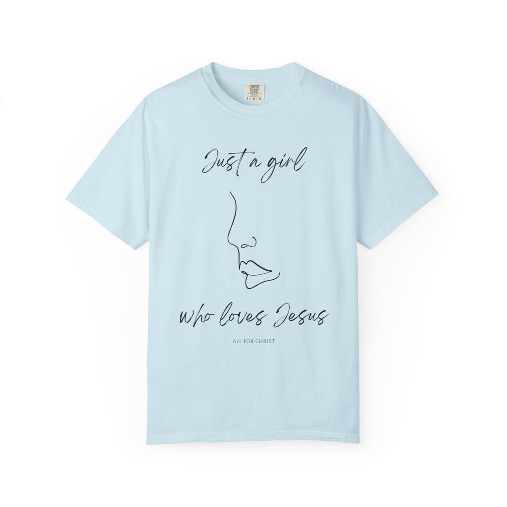 Christian Graphic T-Shirt — “Just a girl who loves Jesus” Minimal Line Art