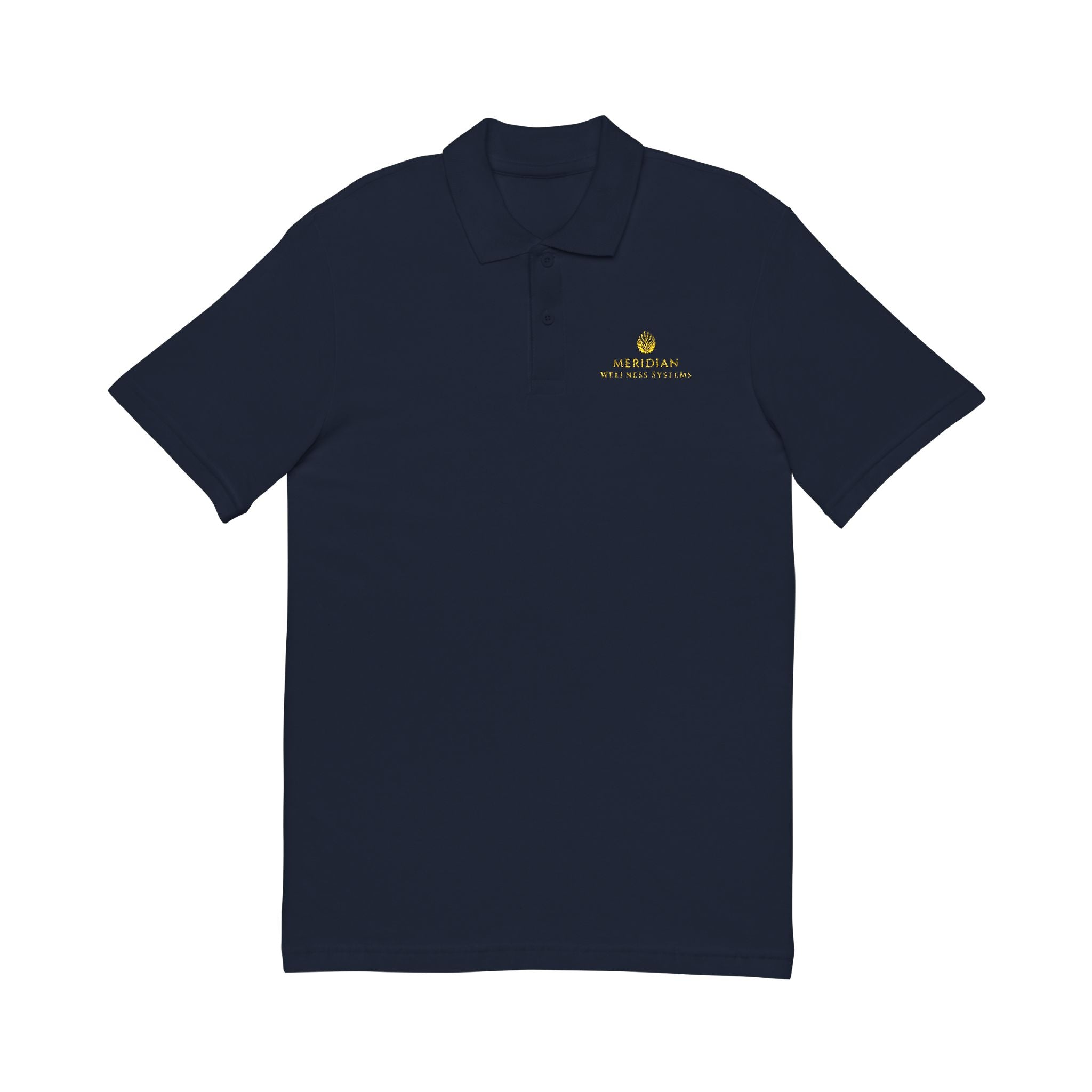 Embroidered Navy Polo Shirt — Small Golden Crest Chest Logo