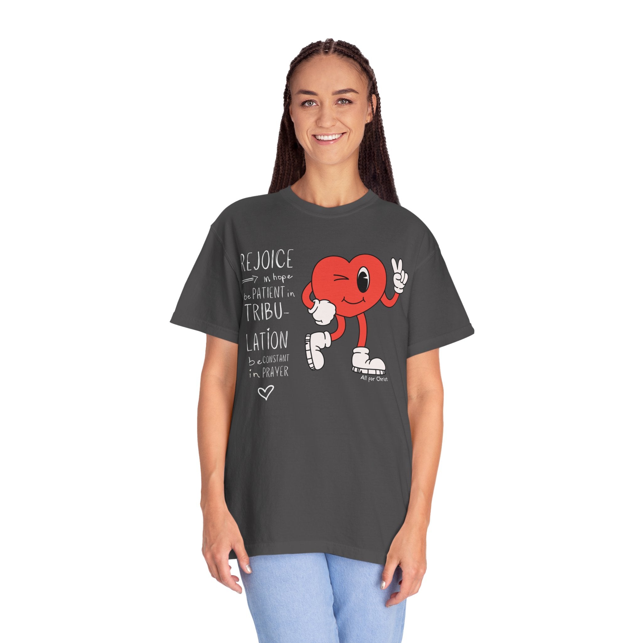 Rejoice Heart Character T-Shirt — 'Rejoice, be patient, tribulation' Christian Graphic Tee