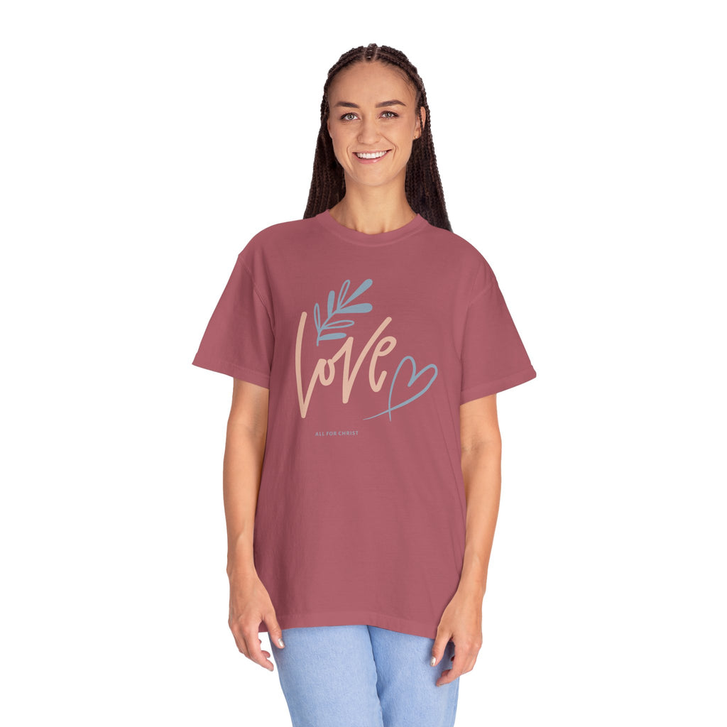 Love Handwritten T-Shirt — Pastel Heart & Leaf Graphic