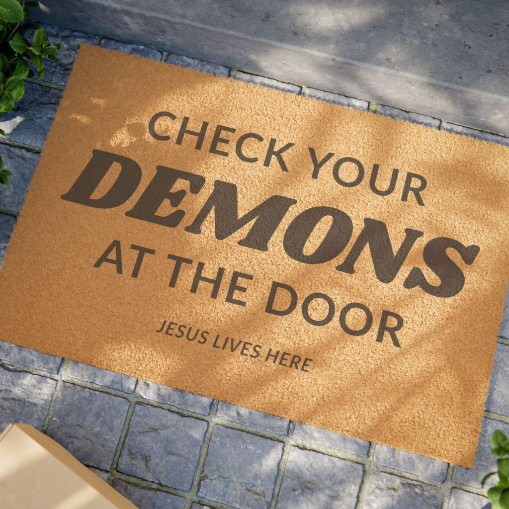 "Check Your Demons at the Door" Doormat — Funny Faith-Inspired Welcome Mat