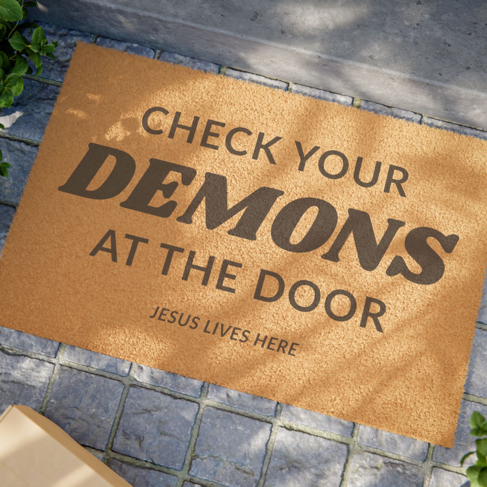 "Check Your Demons at the Door" Doormat — Funny Faith-Inspired Welcome Mat