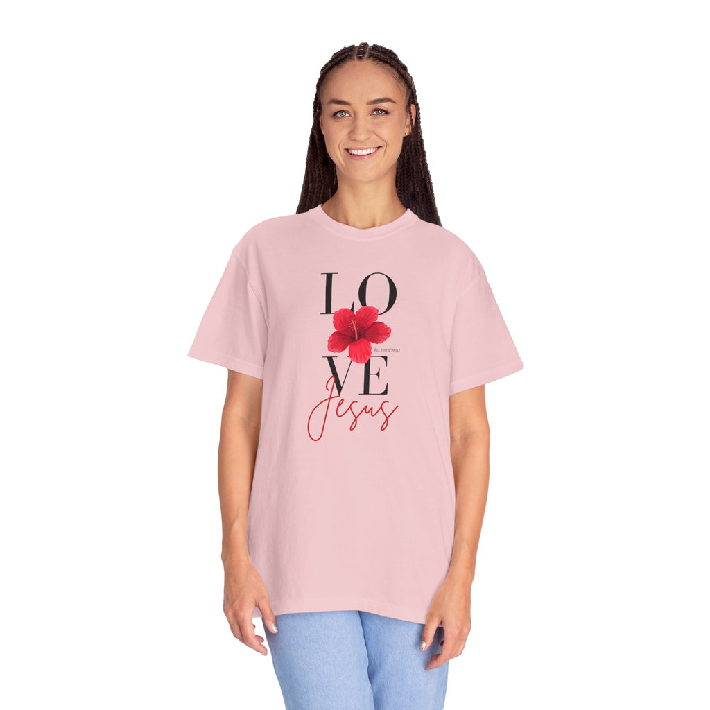 Love Jesus Floral T-Shirt — Faith-Based Christian Tee with Red Hibiscus