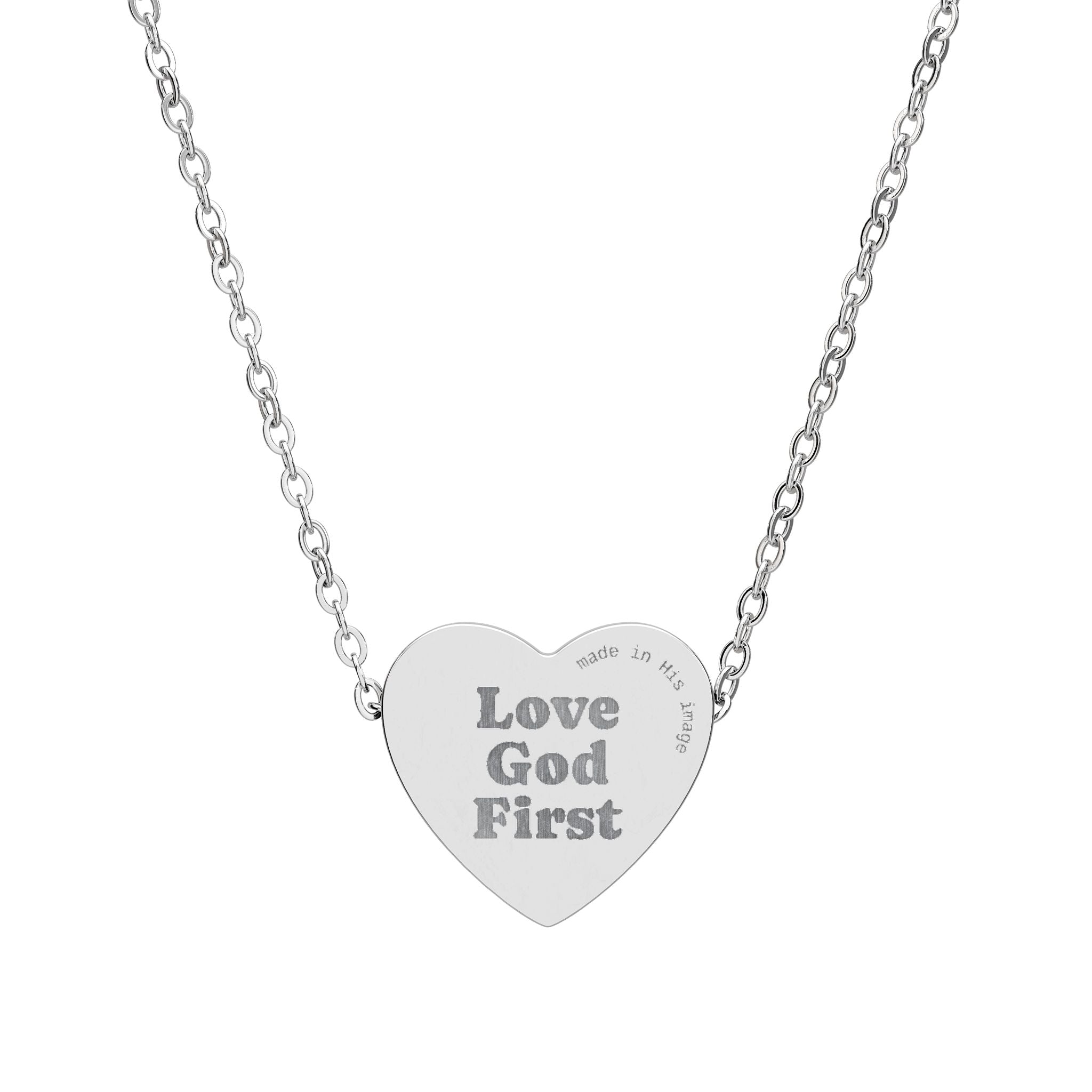 Engraved "Love God First" Heart Necklace — Inspirational Religious Pendant