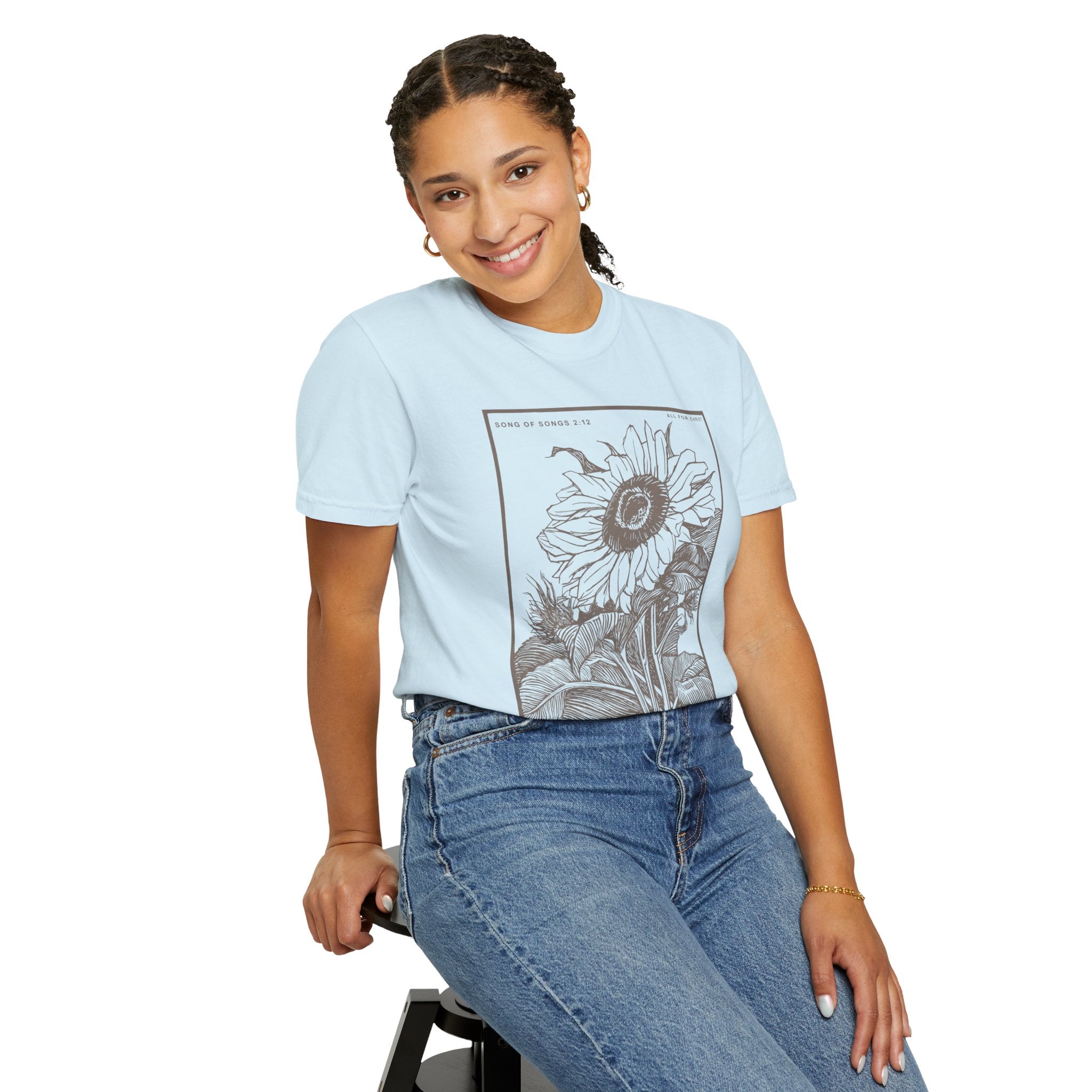 Sunflower Botanical T-Shirt — Floral Sketch Tee with "Flowers Appear on the Earth" Quote