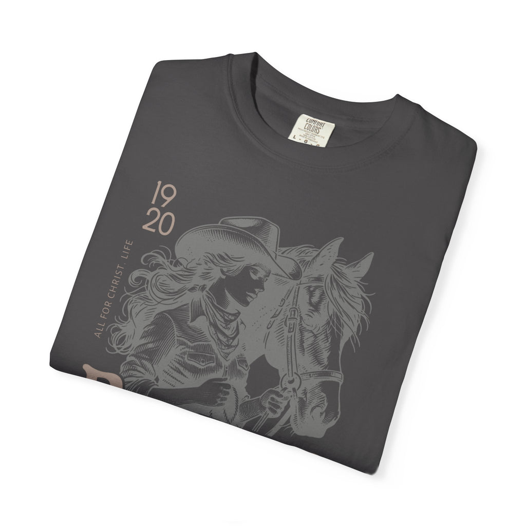 Rodeo Cowgirl T-Shirt — "Ride Like a Cowgirl of Jesus Christ" Western Horse Graphic