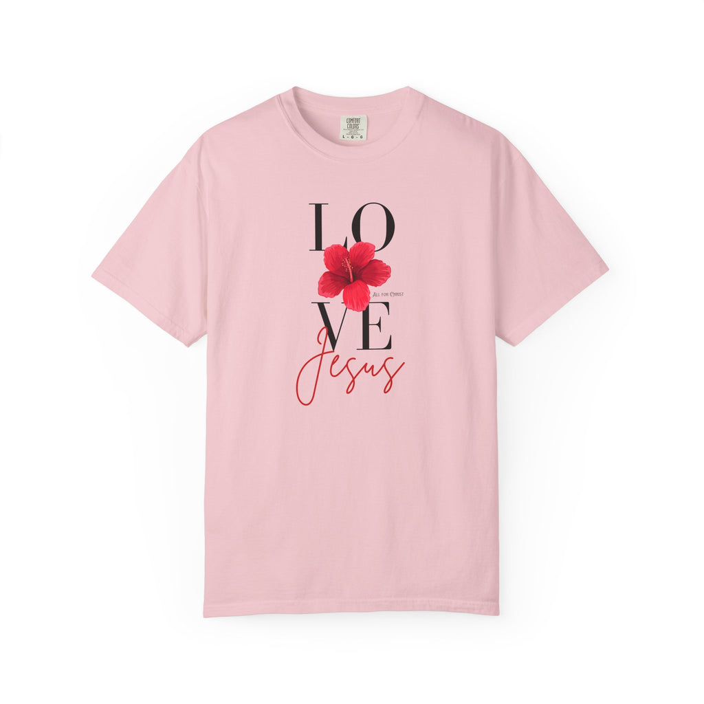 Love Jesus Floral T-Shirt — Faith-Based Christian Tee with Red Hibiscus