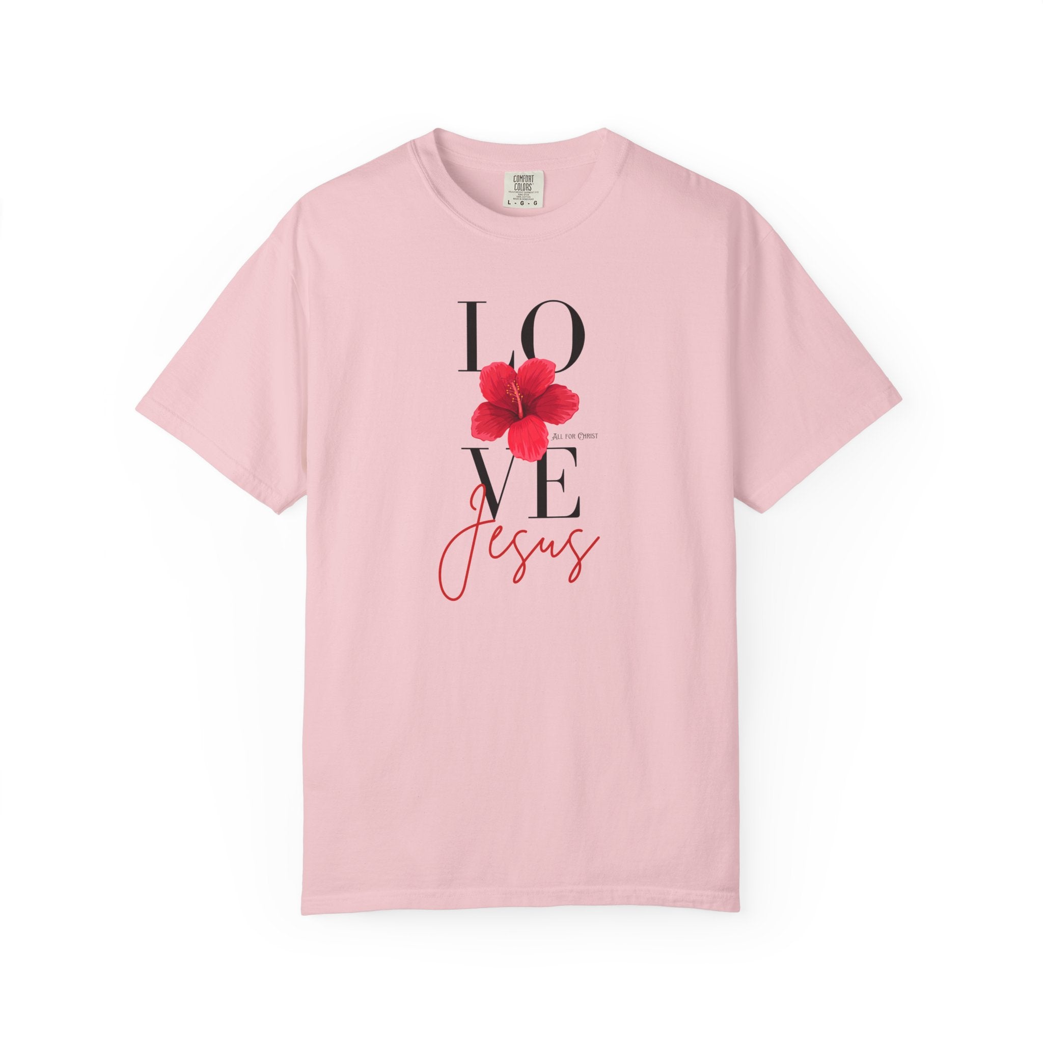 Love Jesus Floral T-Shirt — Faith-Based Christian Tee with Red Hibiscus