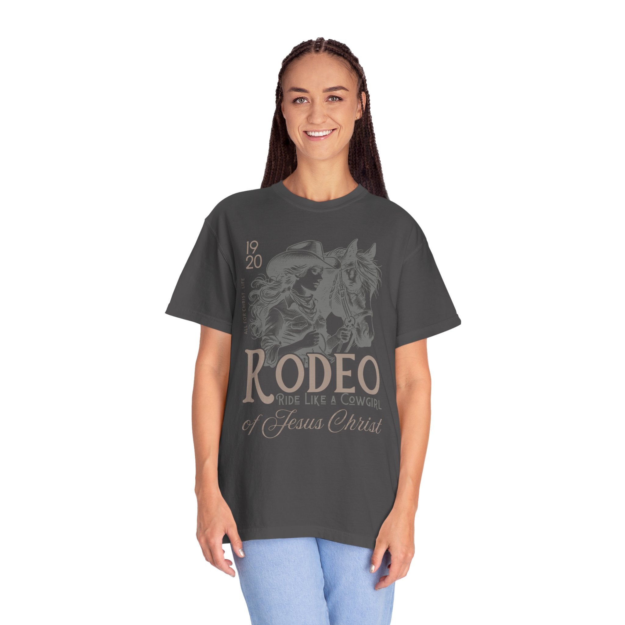 Rodeo Cowgirl T-Shirt — "Ride Like a Cowgirl of Jesus Christ" Western Horse Graphic