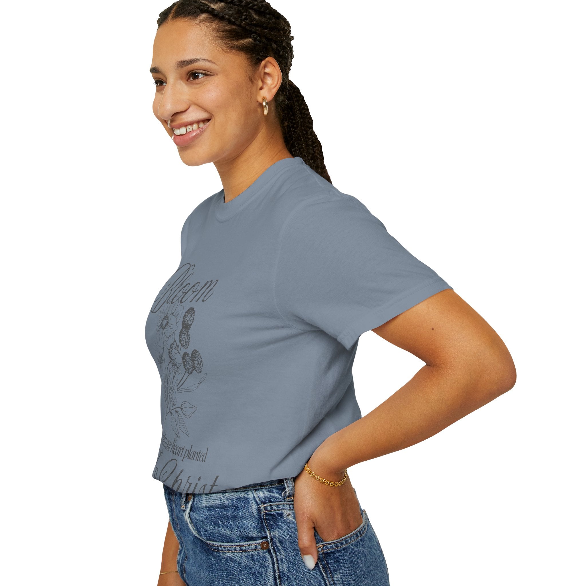 Bloom in Christ T-Shirt — Floral Faith Tee with "Bloom with your heart planted in Christ"