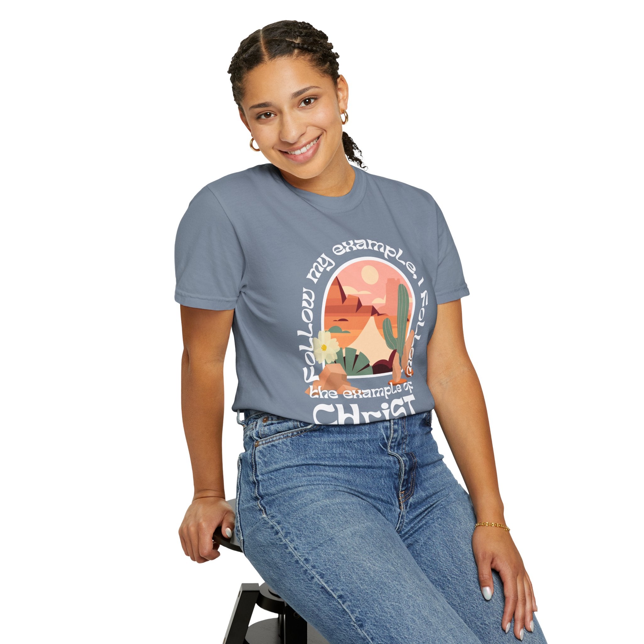 Christian Graphic T-Shirt — "Follow My Example": Retro Desert Faith Tee