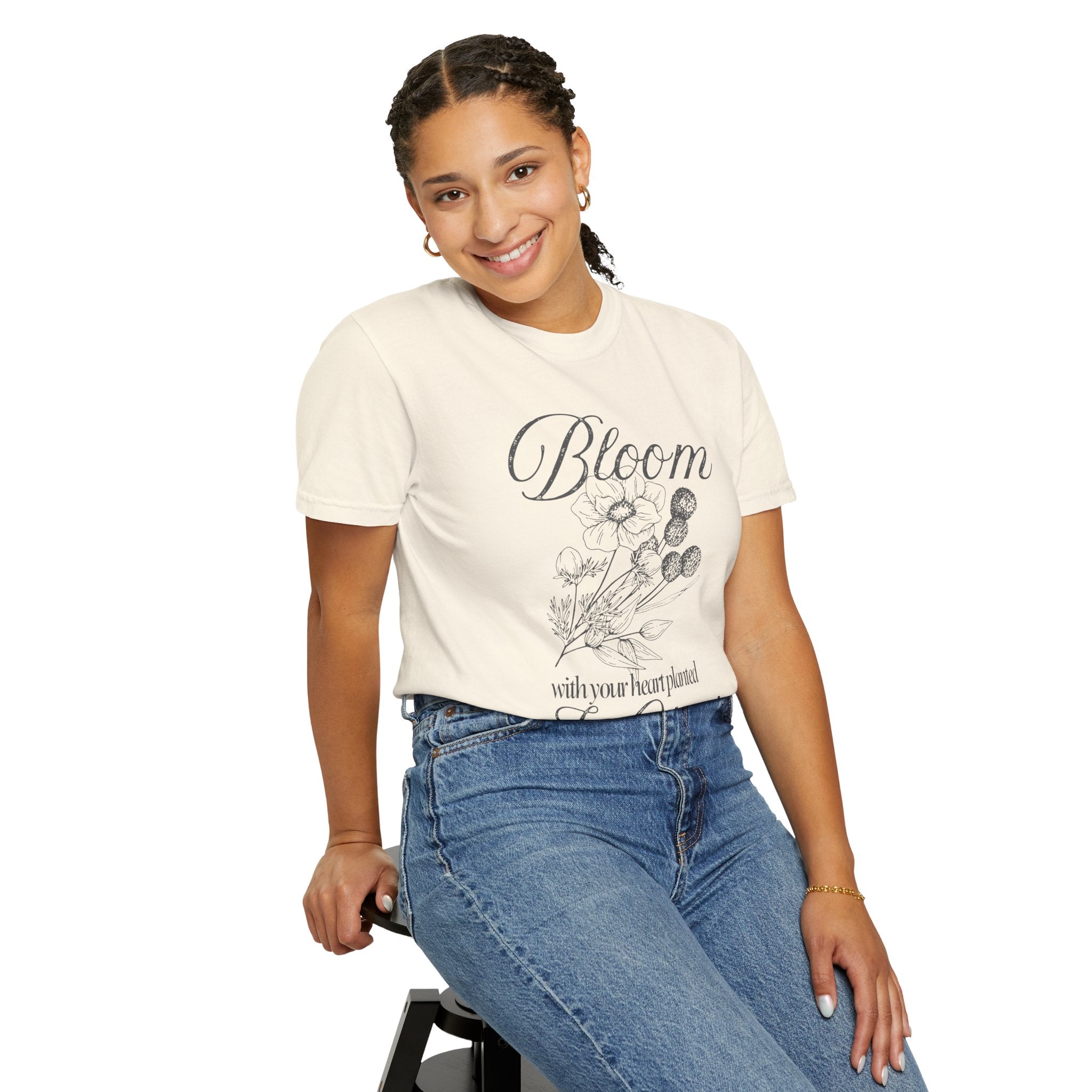 Bloom in Christ T-Shirt — Floral Faith Tee with "Bloom with your heart planted in Christ"