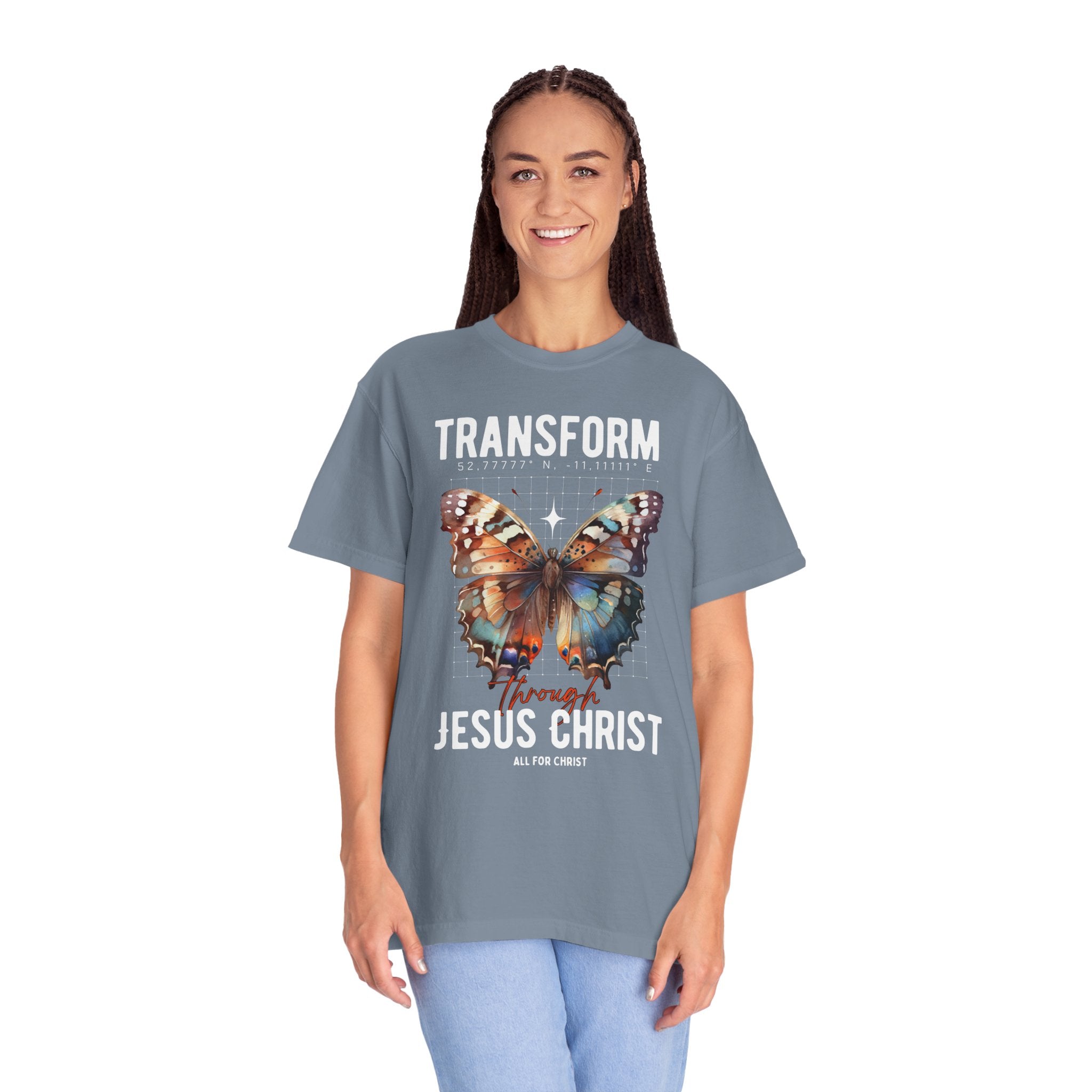 Christian T-Shirt — "Transform Through Jesus Christ" Butterfly Faith Tee