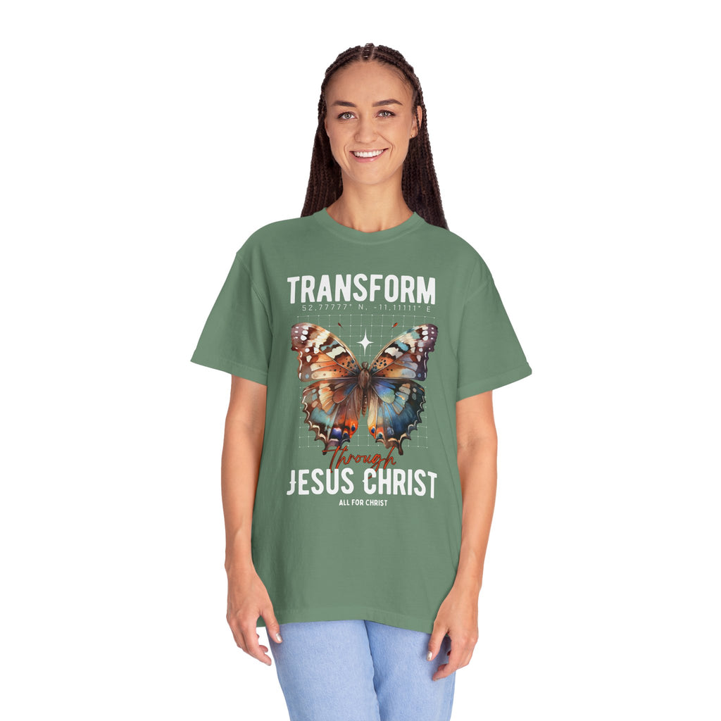 Christian T-Shirt — "Transform Through Jesus Christ" Butterfly Faith Tee