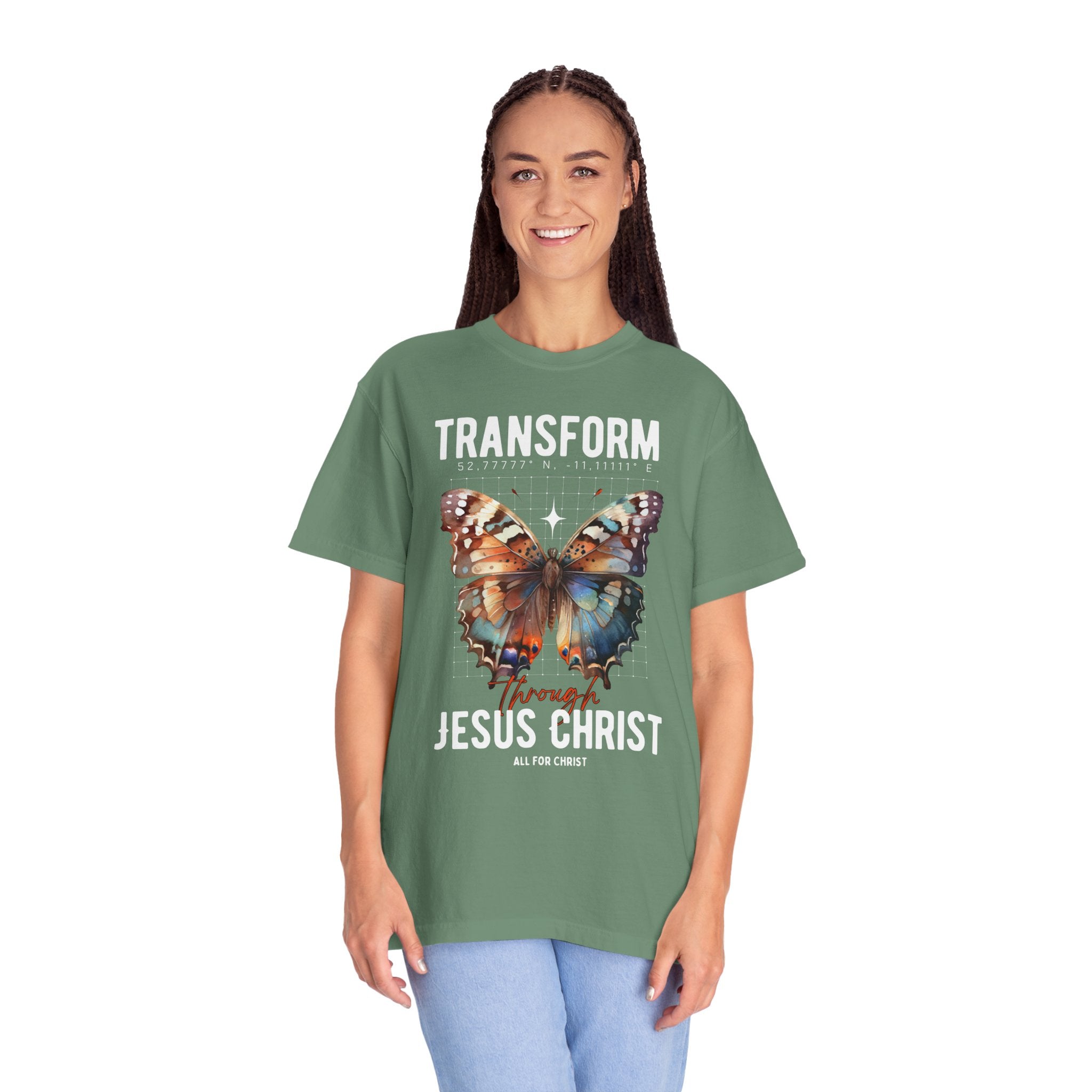 Christian T-Shirt — "Transform Through Jesus Christ" Butterfly Faith Tee