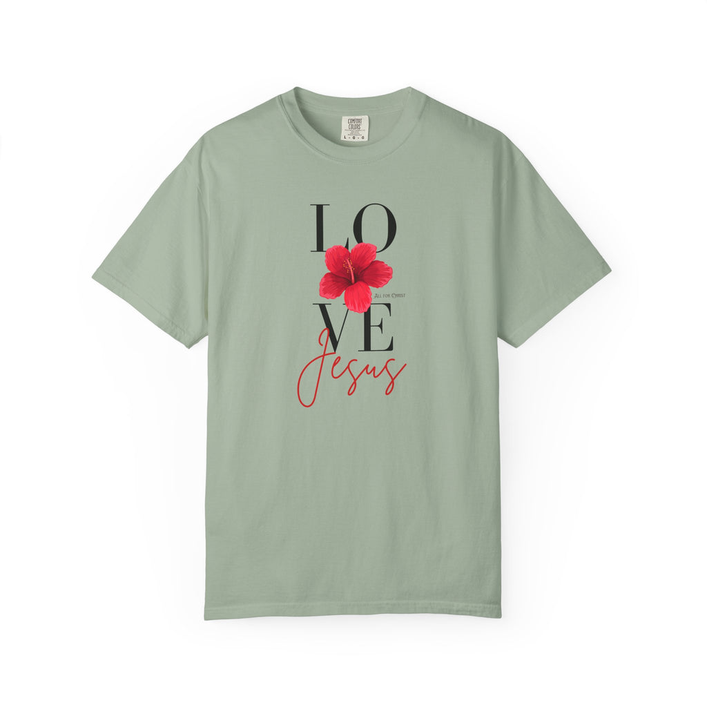 Love Jesus Floral T-Shirt — Faith-Based Christian Tee with Red Hibiscus